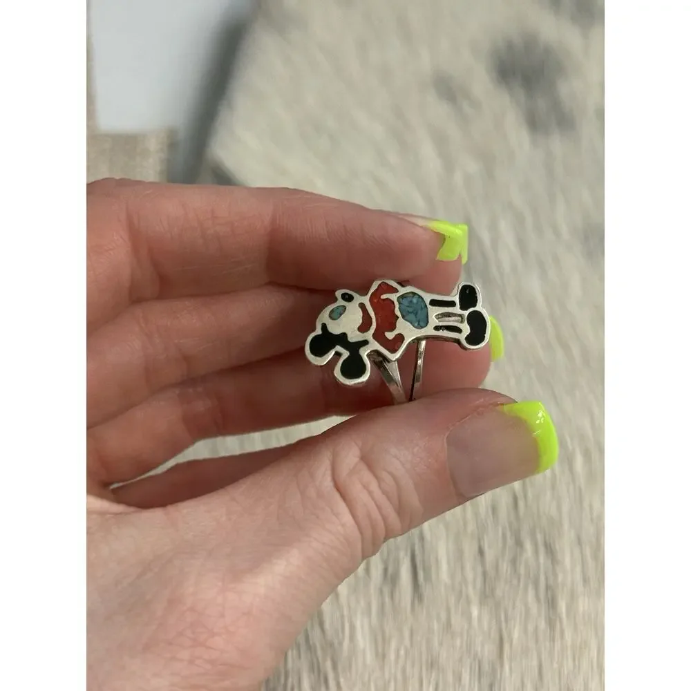 Sterling Silver Crushed Inlay Mickey Mouse Character Ring Turquoise Coral Onyx